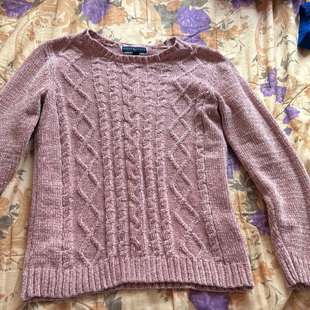 Karen Scott Pink Crew Neck Cable Knit Sweater